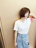 2016夏季新款韩版女装宽松V领短袖t恤大码纯白色中长款简约上衣女
