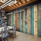 美式复古做旧彩色木板木纹墙纸书房咖啡厅大型壁画服装店条纹壁纸