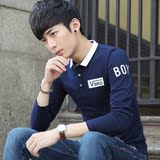 秋季男士长袖T恤韩版修身青少年微领POLO衫印花带领有领潮流体恤