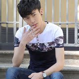 夏天男士短袖T恤纯棉v领中国风个性花纹体恤青少年修身男装上衣服