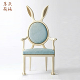 美式乡村实木白色休闲兔耳朵椅新古典欧式餐椅布艺书椅扶手椅家具