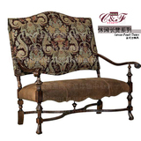 美式古典休闲长凳 实木外架真皮布艺沙发 双人坐椅凳 可定做订制