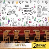 3D时尚手绘涂鸦壁纸餐厅咖啡厅奶茶店壁画美式汉堡蛋糕店背景墙纸