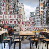 简约香港招牌街景墙纸港式建筑壁画咖啡餐厅酒店主题包厢网吧壁纸