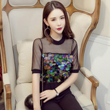 2016夏装新款韩版女装性感透视修身亮片装饰短袖网纱T恤上衣潮