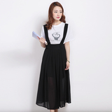 2016新款韩版 半身裙夏季黑色修身显瘦文艺高腰半身长裙背带裙子