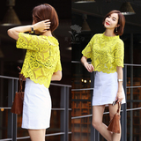 蕾丝衫 短袖 黄色短款 宽松韩版镂空性感百搭夏季新款蕾丝上衣女
