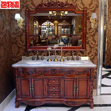 欧式浴室柜红橡木双盆大理石实木洗手台盆简欧仿古卫浴柜落地组合