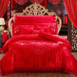 贡缎提花四件套多件套大红绣花蕾丝被套床裙床单欧式婚庆床上用品