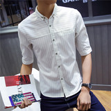 夏季亚麻短袖衬衫男日系韩版修身青春小清新拼接横竖条纹中袖寸衣