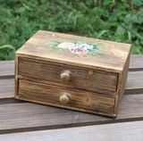 仿古做旧全实木小柜子 手绘木盒收纳盒收纳柜 2抽屉小木柜