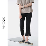 VNOOK2016夏季新品 高腰纯色修身显瘦开衩九分休闲微喇裤 女