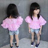 【天天特价】女童夏装荷叶边衬衫 新款韩版儿童公主短袖格子上衣