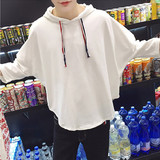 青少年日系夏季七分袖T恤韩版学生宽松型连帽衫纯色简约T恤男短袖