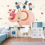 卡通大象墙纸 儿童房卧室床头背景墙壁纸 手绘可爱人物大型壁画