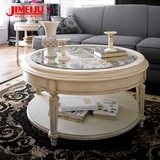 美式实木茶几小户型钢化玻璃客厅沙发欧式简约白色复古圆形咖啡桌