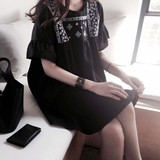韩国正品代购2016夏甜美荷叶边时尚刺绣高腰宽松娃娃款亚麻连衣裙