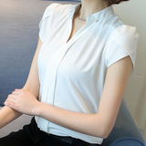 雪纺衫短袖2016夏季新款韩版女装V领显瘦纯色衬衫百搭打底上衣潮