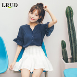LRUD2016夏季新款韩版立领波点喇叭袖衬衫女宽松百搭雪纺短袖衬衣