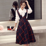 连衣裙秋冬新款韩版中长款2106格子大摆背带裙长袖两件套装裙女装
