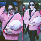 迪丽热巴浦东机场同款粉色灯芯绒羊羔毛休闲宽松上衣外套