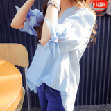 2016夏季韩版女装甜美宽松百搭蓝色竖条纹五分袖蝴蝶结中袖衬衫女