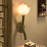 新中式仿古简约创意粉色荷花灯卧室床头灯复古客厅过道酒店壁灯具