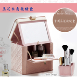 韩国公主桌面化妆品收纳盒带镜子有盖木制手提化妆品收纳箱整理盒