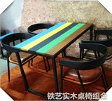 饭店餐馆LOFT复古漫咖啡桌餐厅餐饮桌椅实木长方形铁艺餐桌椅组合