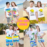 沙滩情侣装夏装2016新款韩版短袖印花t恤套装男女海边度假蜜月服