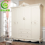 欧式四门衣柜法式实木大衣橱象牙白色烤漆雕花推拉门卧室储物柜