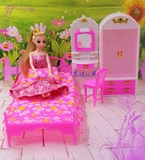 芭比娃娃睡房卧室单人双人睡床床单枕头椅子梳妆台收纳衣柜套装