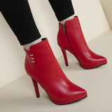 秋冬新款短靴女韩版尖头细跟女鞋时尚高跟祼靴性感红色单靴子包邮