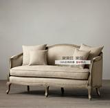 法式三人沙发美式英式实木沙发椅麻布复古做旧宜家客厅卧室双人椅
