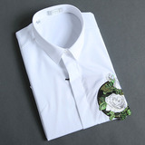 高端秀款刺绣白玫瑰衬衣夏 客供精密纯棉 男士白色修身短袖衬衫潮