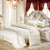 米白色纯棉贡缎提花夹棉床单床盖全棉四件套 欧式婚庆六件套床罩