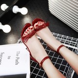 韩版新款凉鞋女夏中跟细跟一字扣带露趾高跟性感32 33 42大小41码