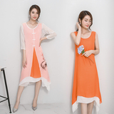 2016新款夏季韩版棉麻连衣裙两件套中国风印花水墨画套装裙中长款