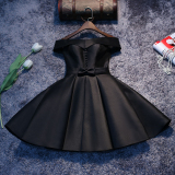 晚礼服2016新款黑色短款礼服裙一字肩晚宴年会演出主持人礼服女