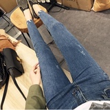 2016新款韩版学生修身款九分牛仔裤女磨破高腰紧身小脚铅笔裤WF29