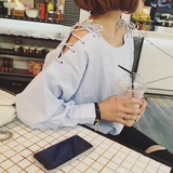 YOZI  韩国2016春装新款纯色小性感露肩上衣长袖韩版一字领衬衫女