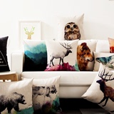动物水彩鹿狼熊虎北欧美式简约沙发靠垫靠枕套汽车办公椅棉麻抱枕