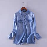 韩国代购版简约纯色衬衫宽松显瘦天丝中长款大码长袖牛仔棉衬衣女