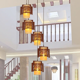 仿古中式复式楼大型楼梯三层旋转楼梯吊灯别墅餐厅实木羊皮吊灯