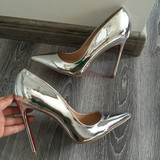 外贸欧美女鞋银色漆皮尖头浅口超性感12厘米 8 细跟女高跟鞋婚鞋