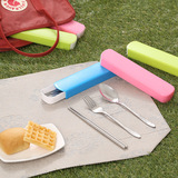 学生便携式塑料盒餐具套装不锈钢礼品餐具三件套 叉勺筷布袋餐具