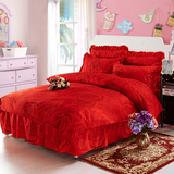 韩版结婚庆大红色加厚夹棉床裙加棉床罩冬季保暖床单1.8米四件套
