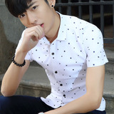 夏季潮流行男装纯棉短袖衬衫青年时尚寸衫修身韩版印花薄半袖衬衣