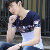 夏季青年流行男装短袖韩版V领体恤纯棉修身印花时尚休闲半袖潮T恤