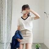 2016夏季新品女装 韩国东大门韩版修身V领撞色短袖薄款针织T恤